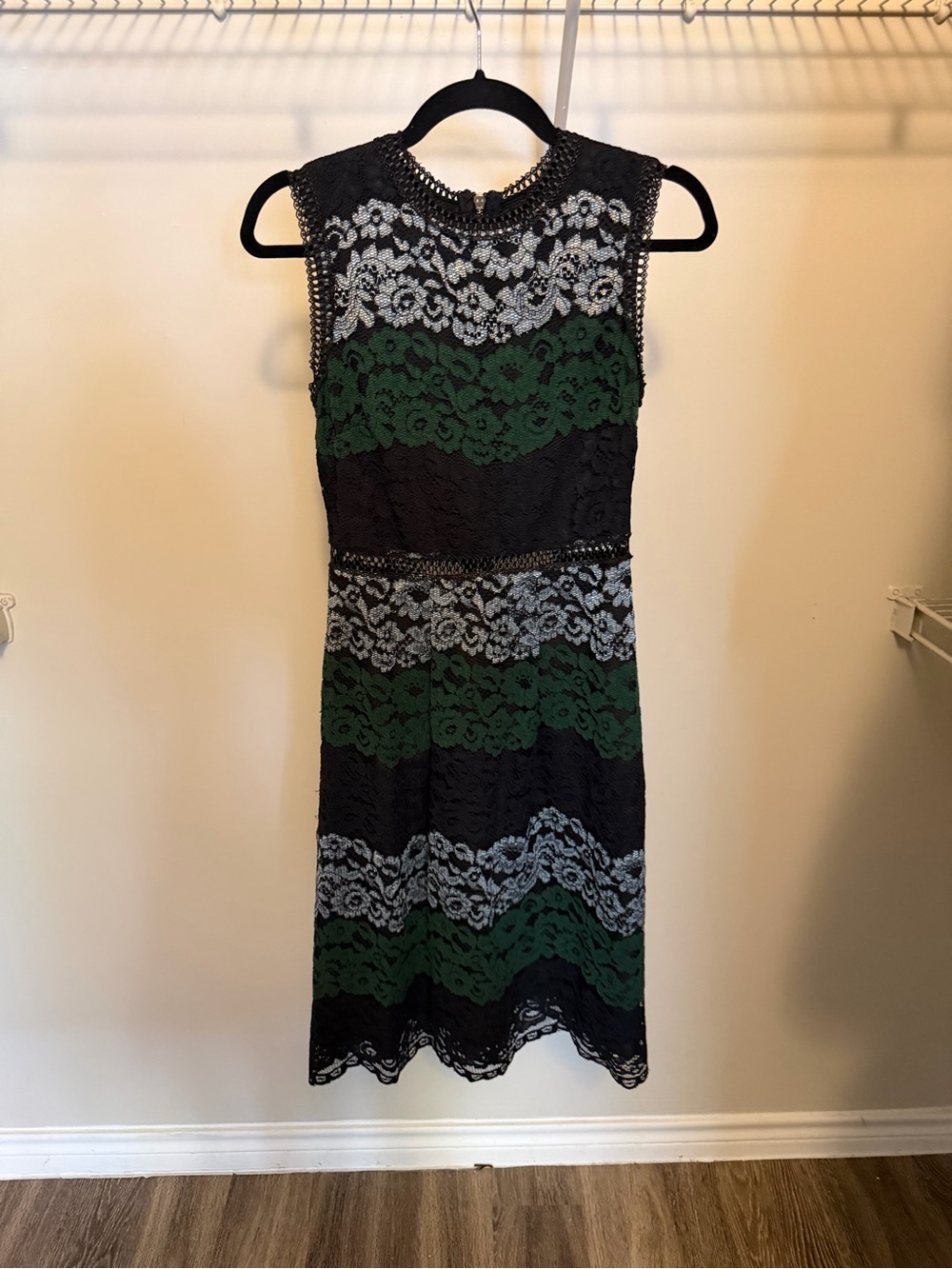Ted Baker Black, Green & Gray Lace Midi Dress. Size 1